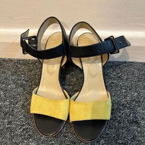 Women’s Yellow Suede & Black Ankle-Strap Block Heel Sandals
